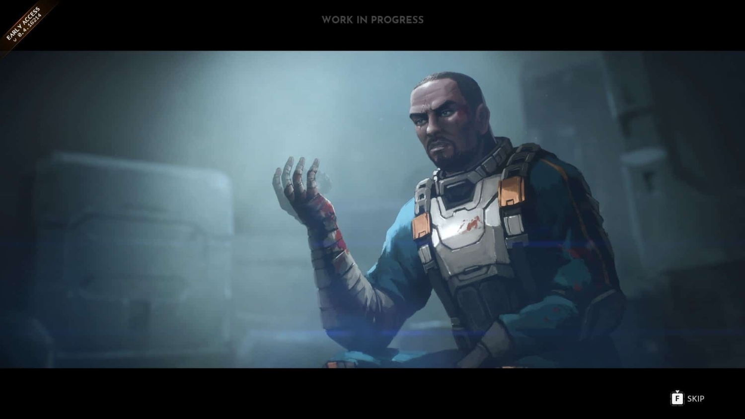 Man in futuristic armour with bloodied hands sitting in a dimly lit industrial room
