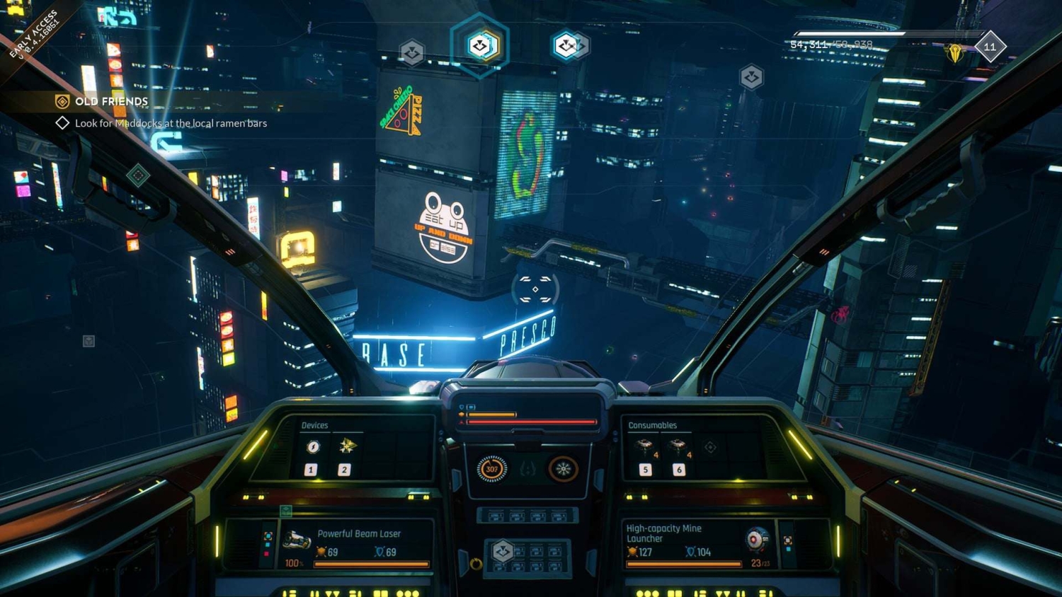 View from spaceship cockpit flying above a futuristic city with neon signs and tall buildings at night