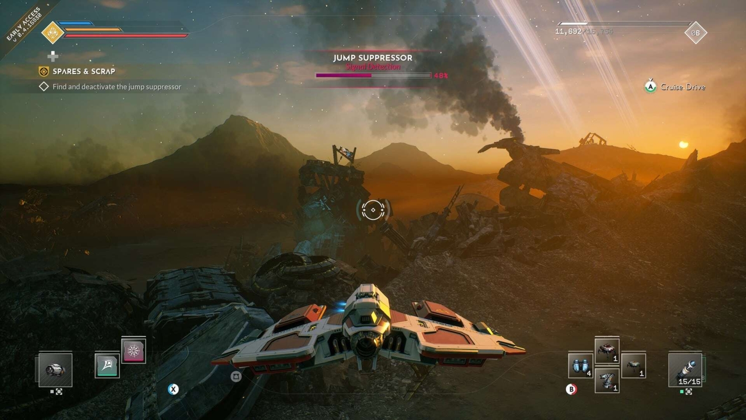 Spaceship flying above rocky desert terrain with a burning wreck and distant mountains under a setting sun