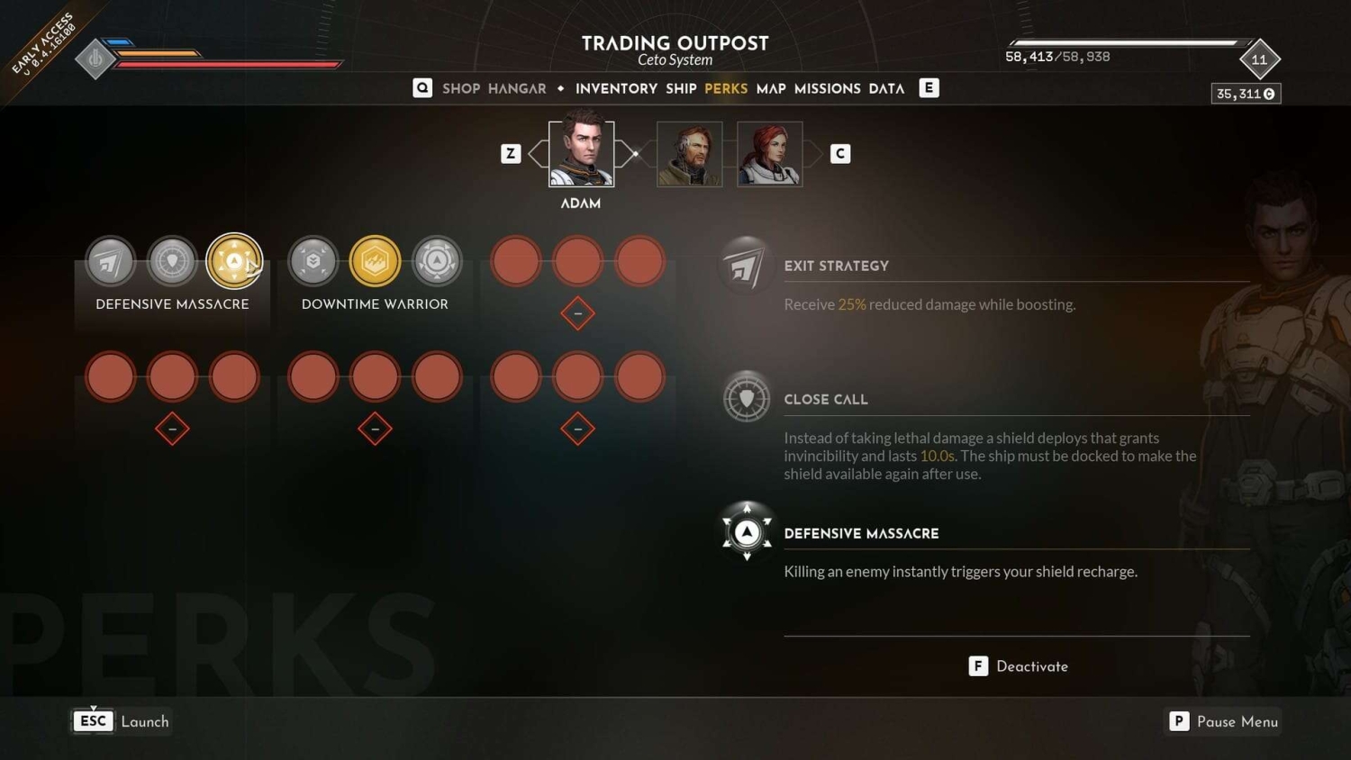 Game menu showing character perks and skill descriptions at a trading outpost interface with highlighted defensive massacre perk.