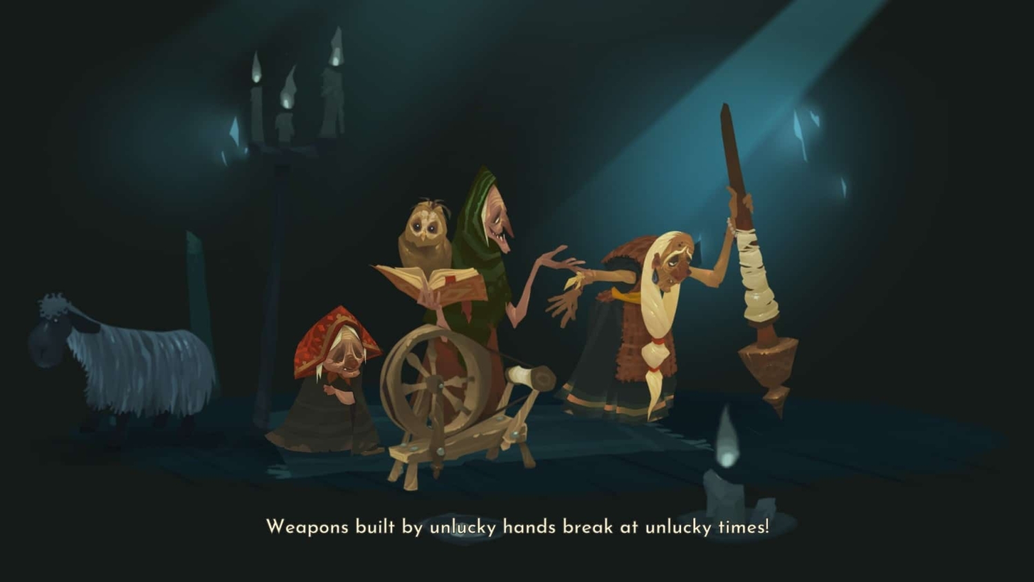 Three elderly women in a dark room with candles and an owl, one reading from a book, one using a spinning wheel, and one holding a wooden staff