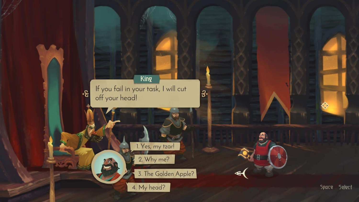 Animated medieval king points angrily at bearded man with axe and shield threatening execution