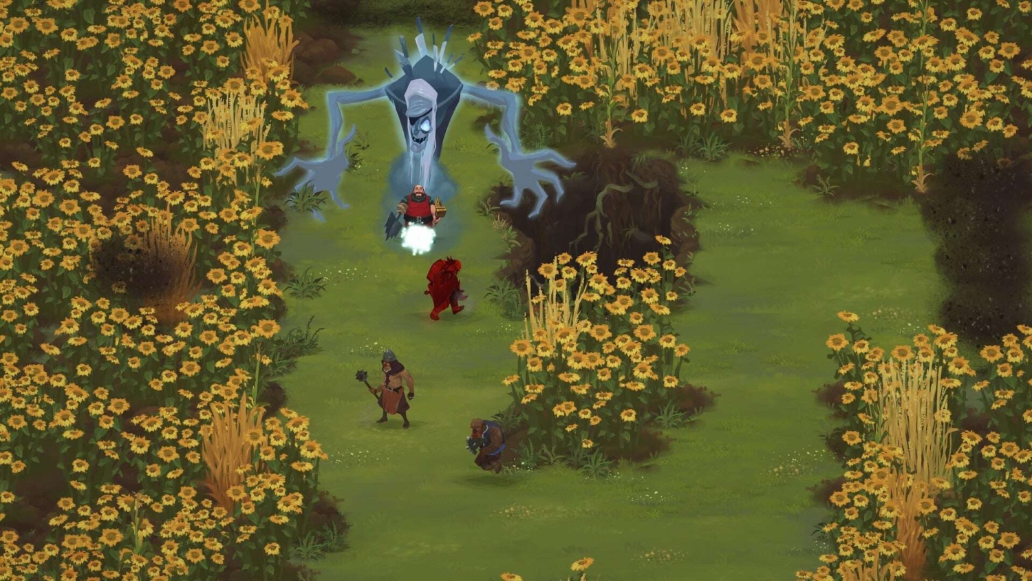 Four adventurers stand on a grassy path lined with yellow flowers facing a large ghostly figure with blue arms and a skeletal face