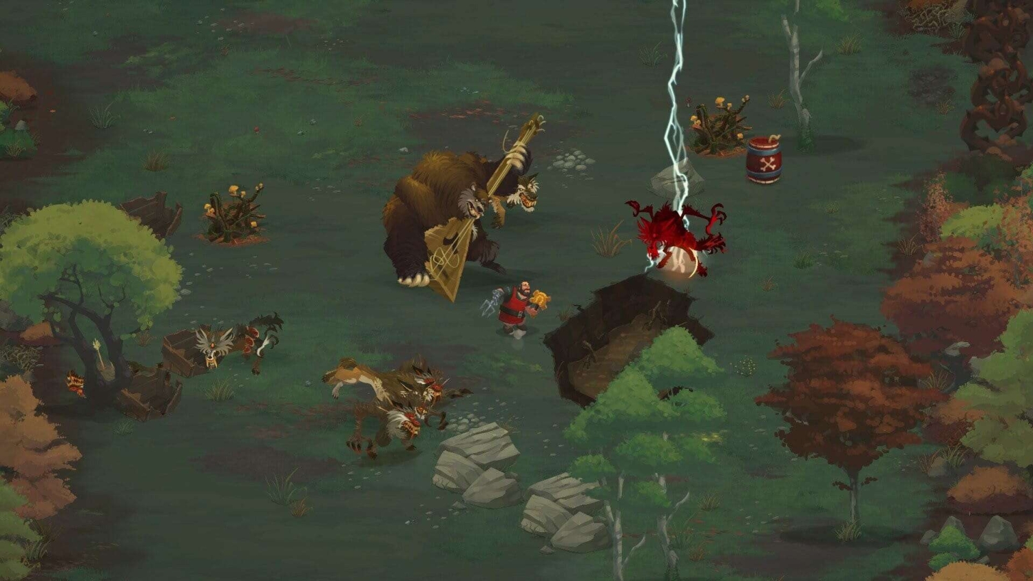 Character in red outfit attacking a red demon-like creature with lightning in a forest, while monstrous beasts approach