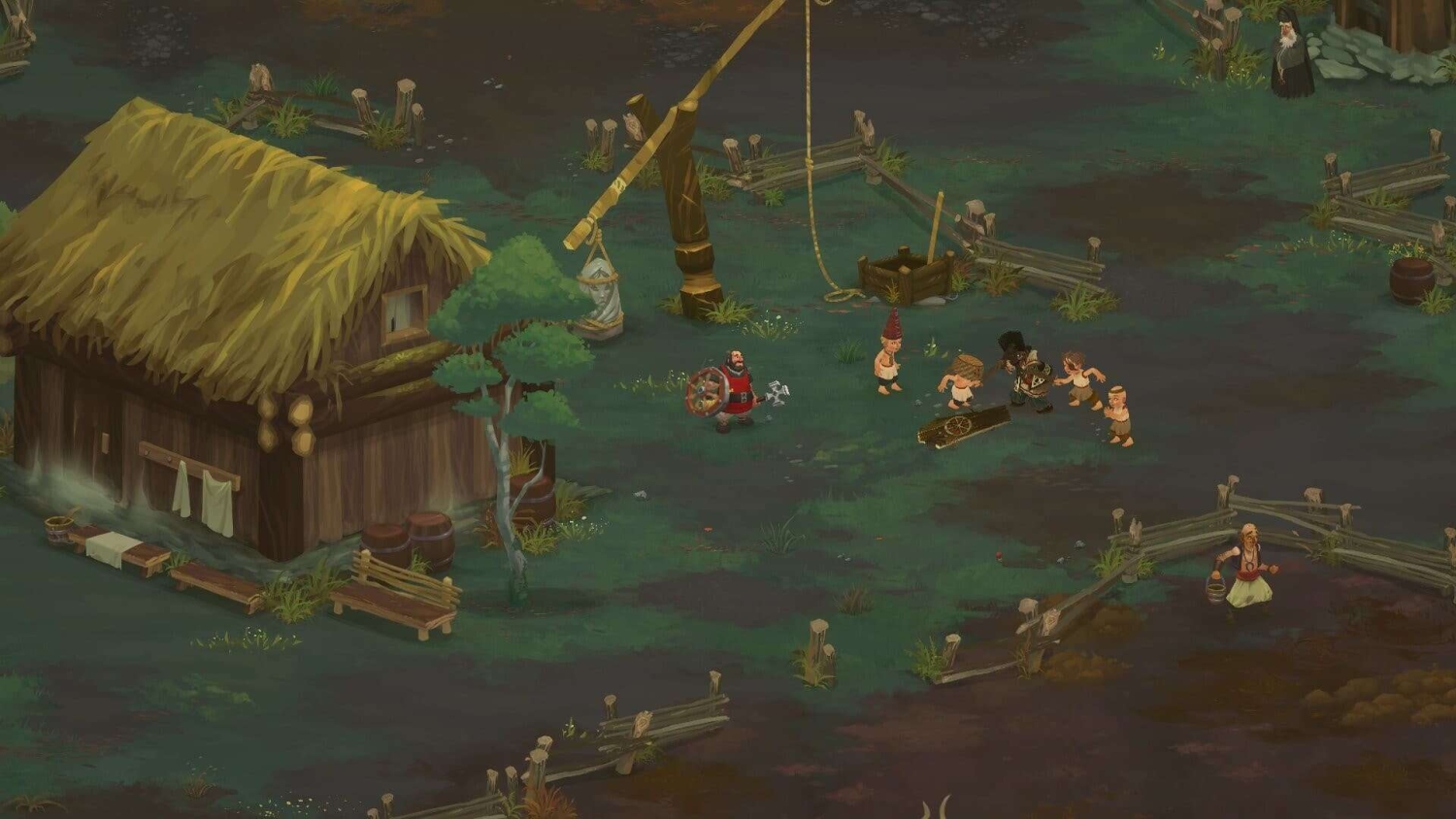Cartoon-style village scene showing a thatched roof house and six animated characters near wooden fences