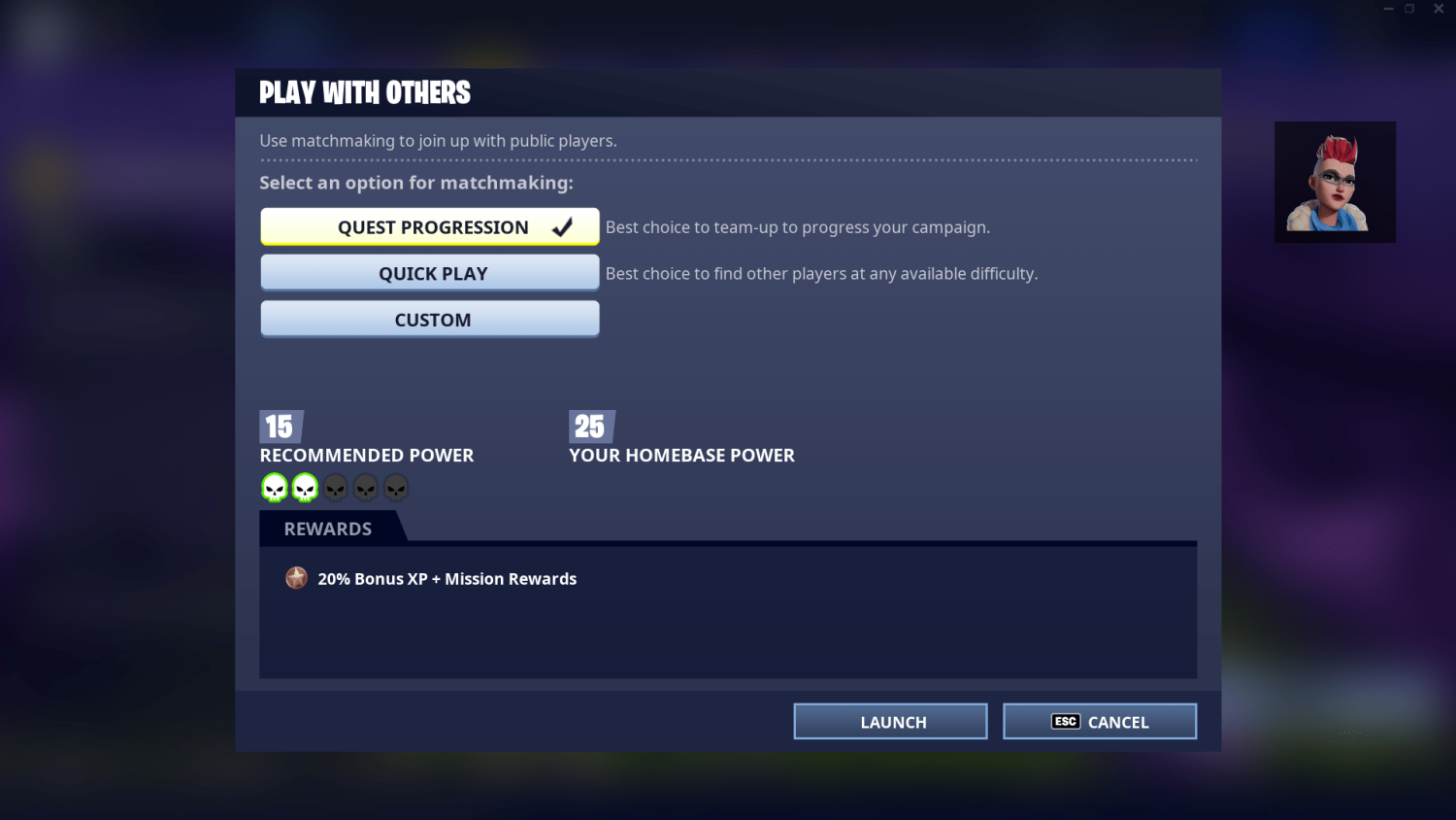 Matchmaking menu in Fortnite Save the World showing quest progression selected with recommended power level 15 and player power 25