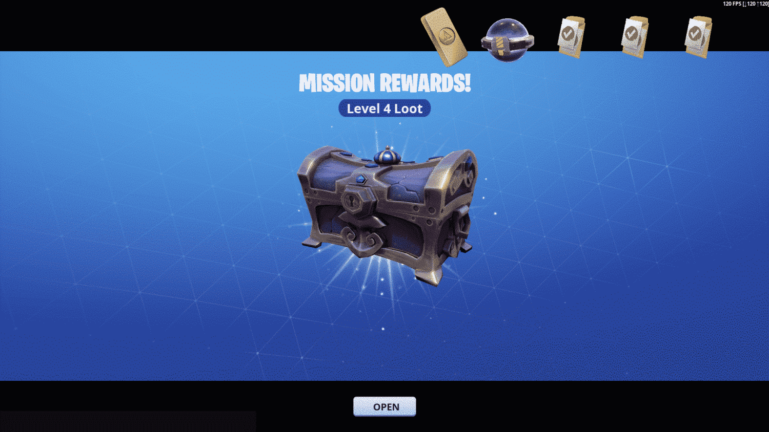 Loot chest glowing with rewards cards floating above labelled Level 4 mission rewards