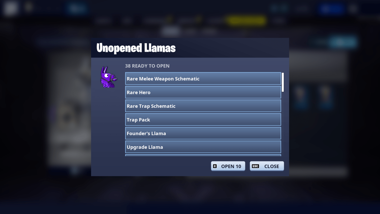 Game menu listing unopened llamas including rare melee weapon, hero, trap schematic, and upgrade llama