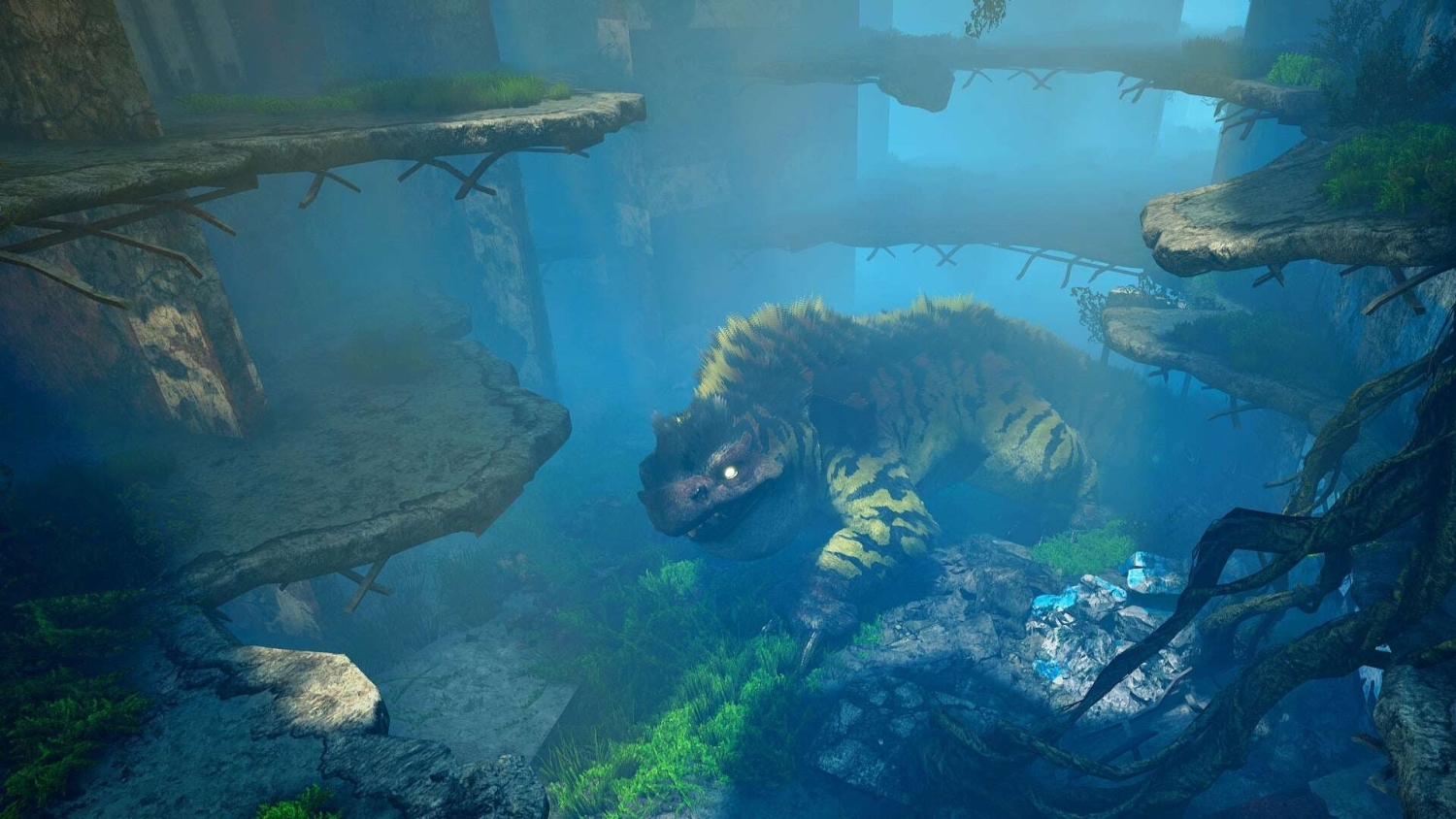 Large reptilian creature with glowing eyes resting on rocky terrain surrounded by mist and broken stone platforms