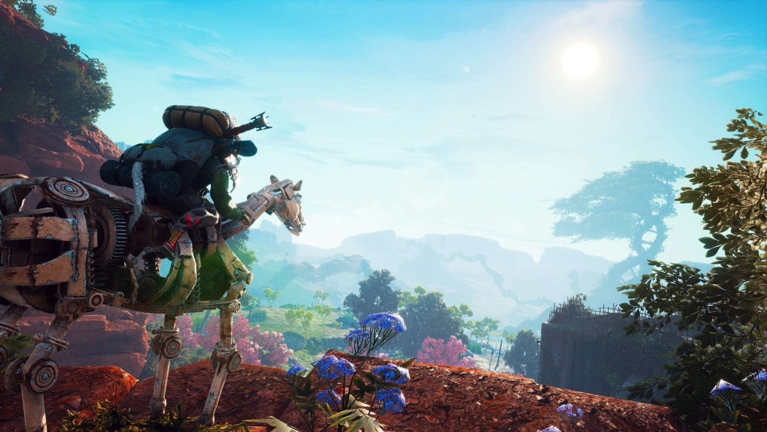 Character riding a mechanical horse overlooking a sunlit valley with colourful flora