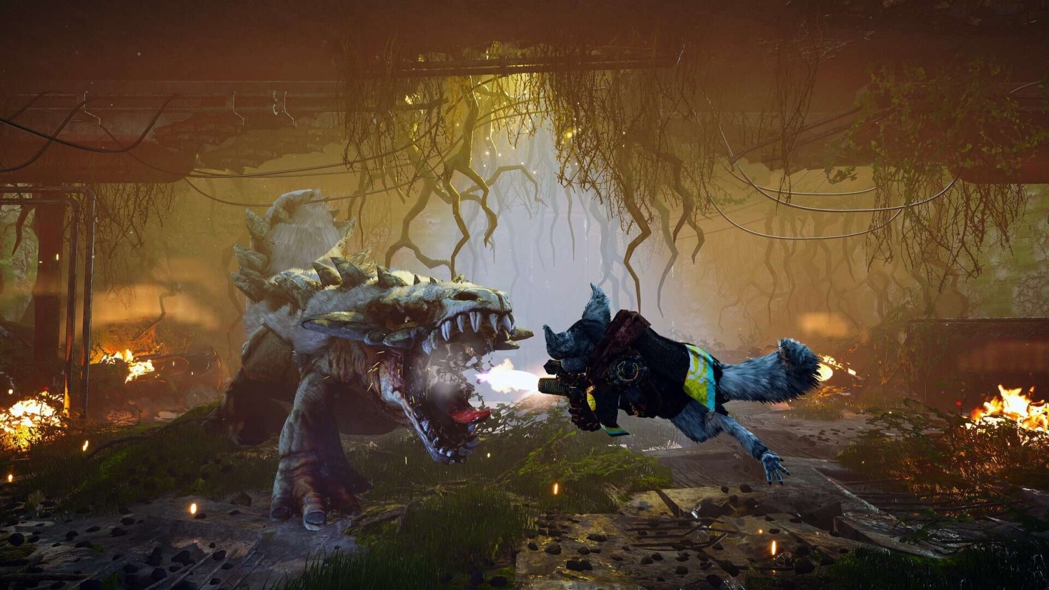 Anthropomorphic character fires a weapon at a large dinosaur-like creature in a fiery, ruined environment