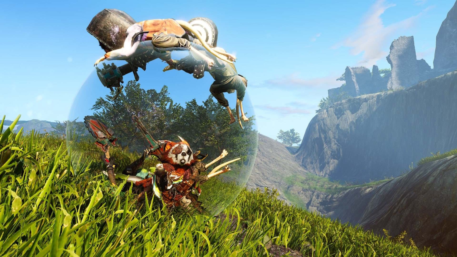 Furry character in detailed armour surrounded by a glowing protective bubble in a grassy landscape with cliffs