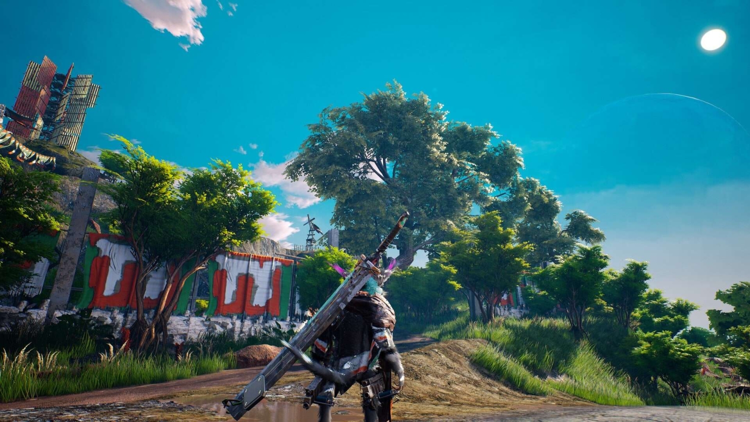 Character carrying large sword on back walking along dirt path through green trees under clear blue sky