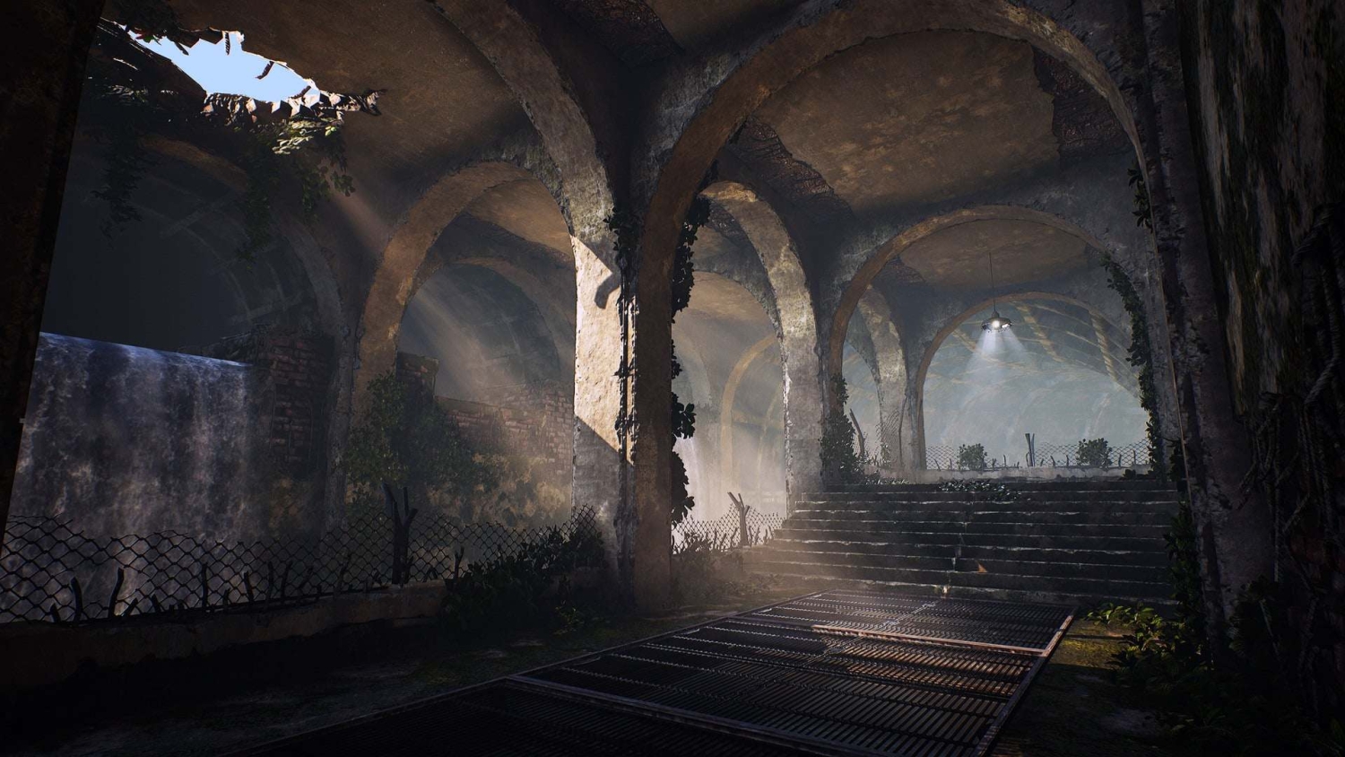 Sunlight beams through ceiling hole onto abandoned stone arches and stairway overgrown with plants