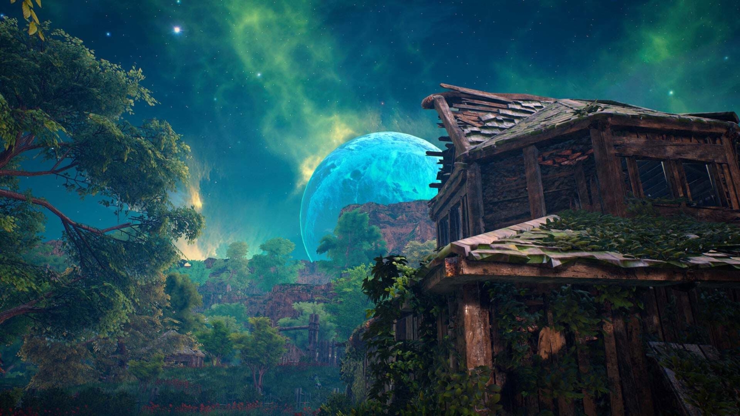 Wooden house covered in vines in a lush forest with a large glowing blue planet and stars in the sky