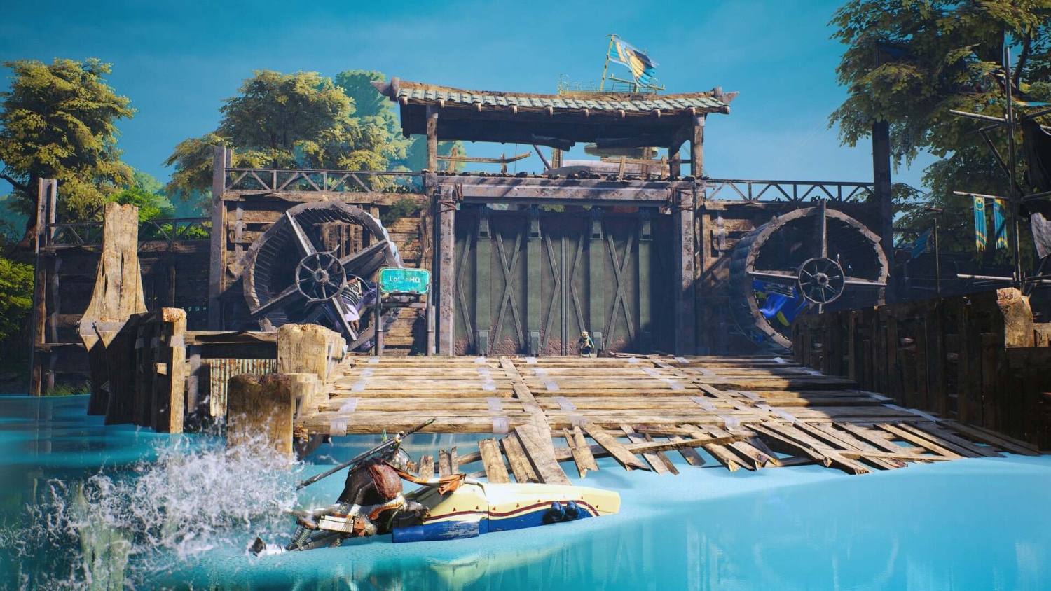 Character on a small watercraft approaching a large wooden gated dock featuring two big water wheels