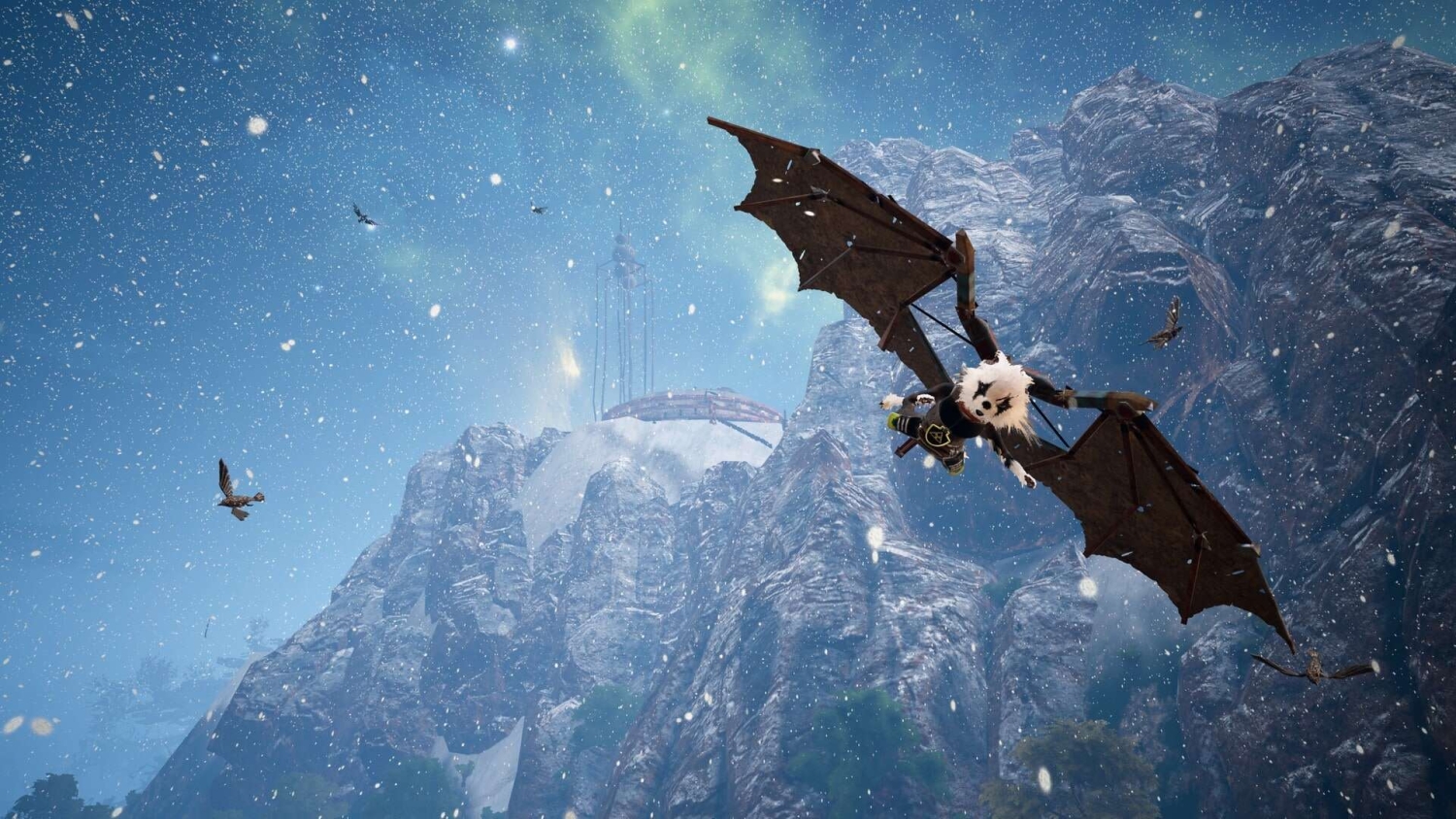 Fur-clad character with mechanical wings gliding through snow in mountainous terrain