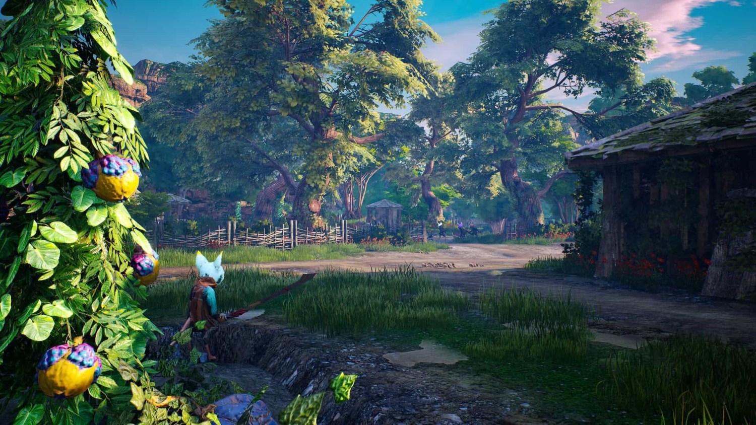 Small white creature sitting near a dirt path in a vibrant green forest village with large trees and rustic buildings