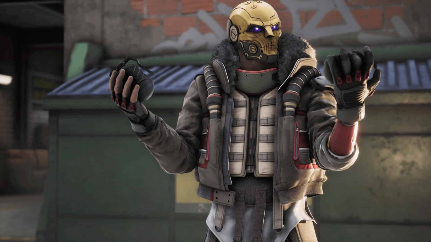 Character with golden skull mask and tactical jacket holding a grenade in an urban environment