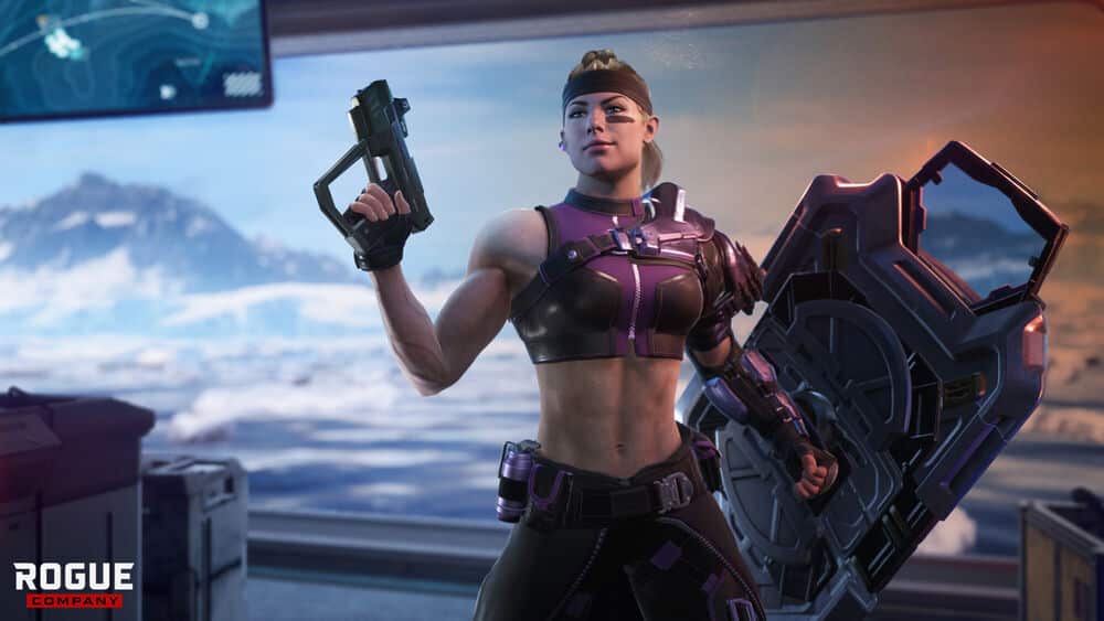 Female warrior in futuristic armour holding a pistol and a large shield with snowy mountains in the background