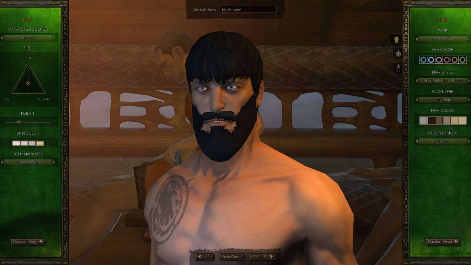 Male character with thick black beard and tribal tattoo on shoulder at character creation screen