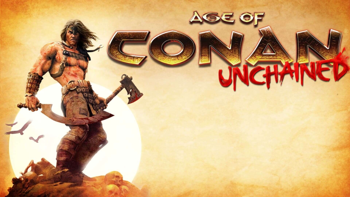 Muscular warrior with long hair and blood-stained weapons stands on skulls beneath the title Age of Conan Unchained