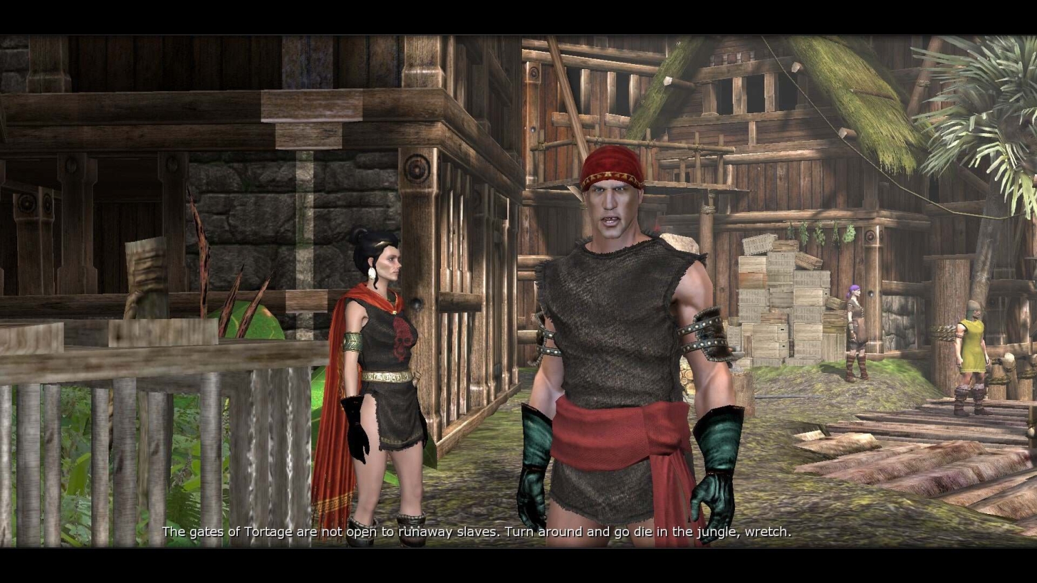 Two medieval-style characters in front of wooden buildings with subtitle about gates and runaway slaves