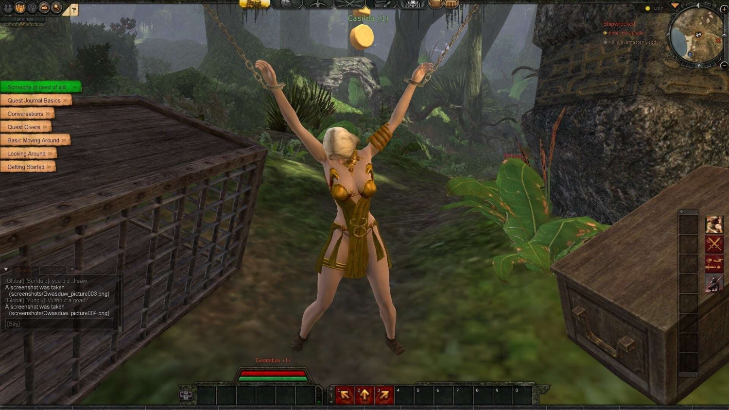 Female character in gold armour chained with arms raised in a dense jungle path between wooden cages