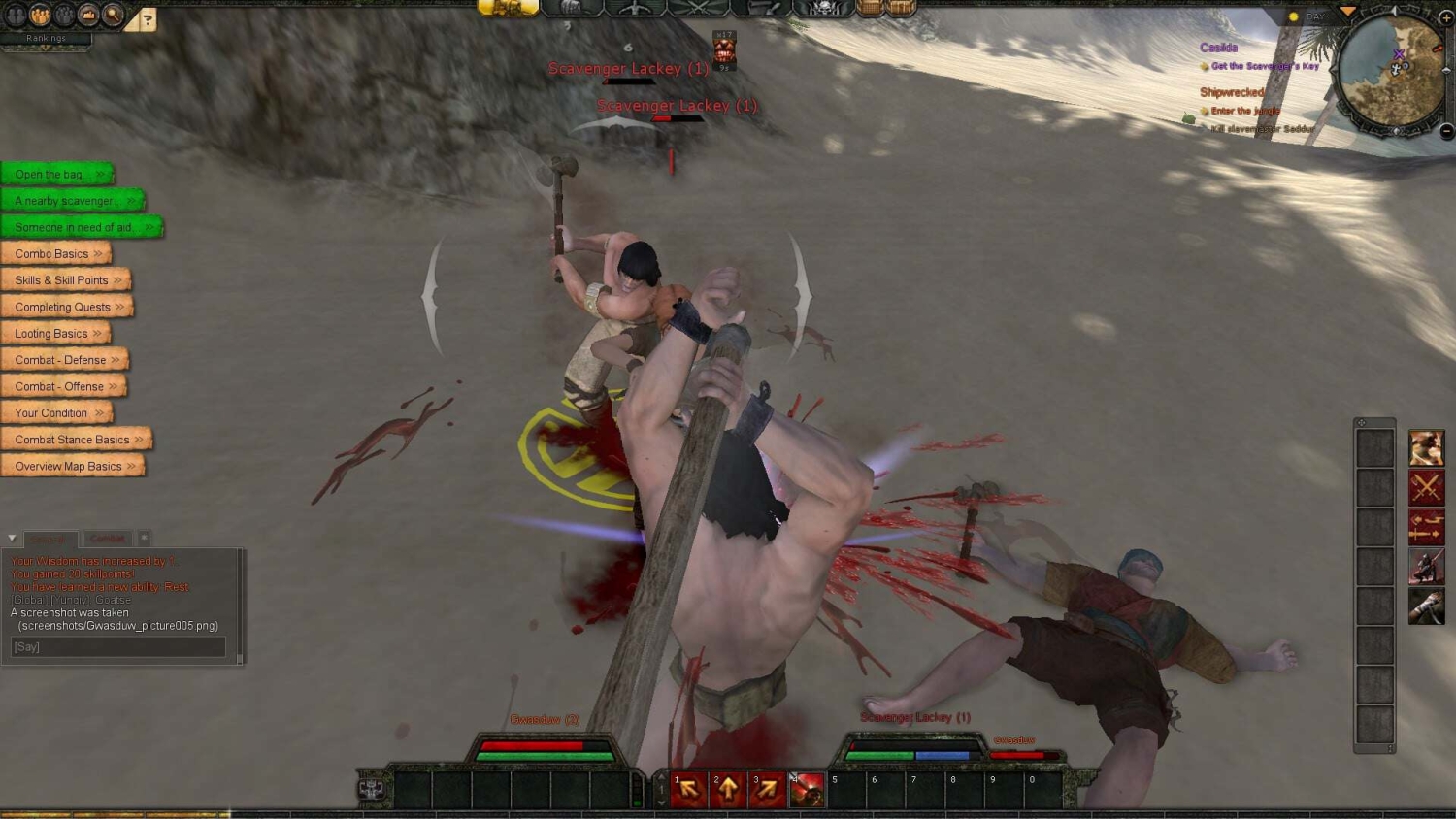 Two characters fighting in a desert with one wielding a wooden club striking another, blood and fallen enemies visible