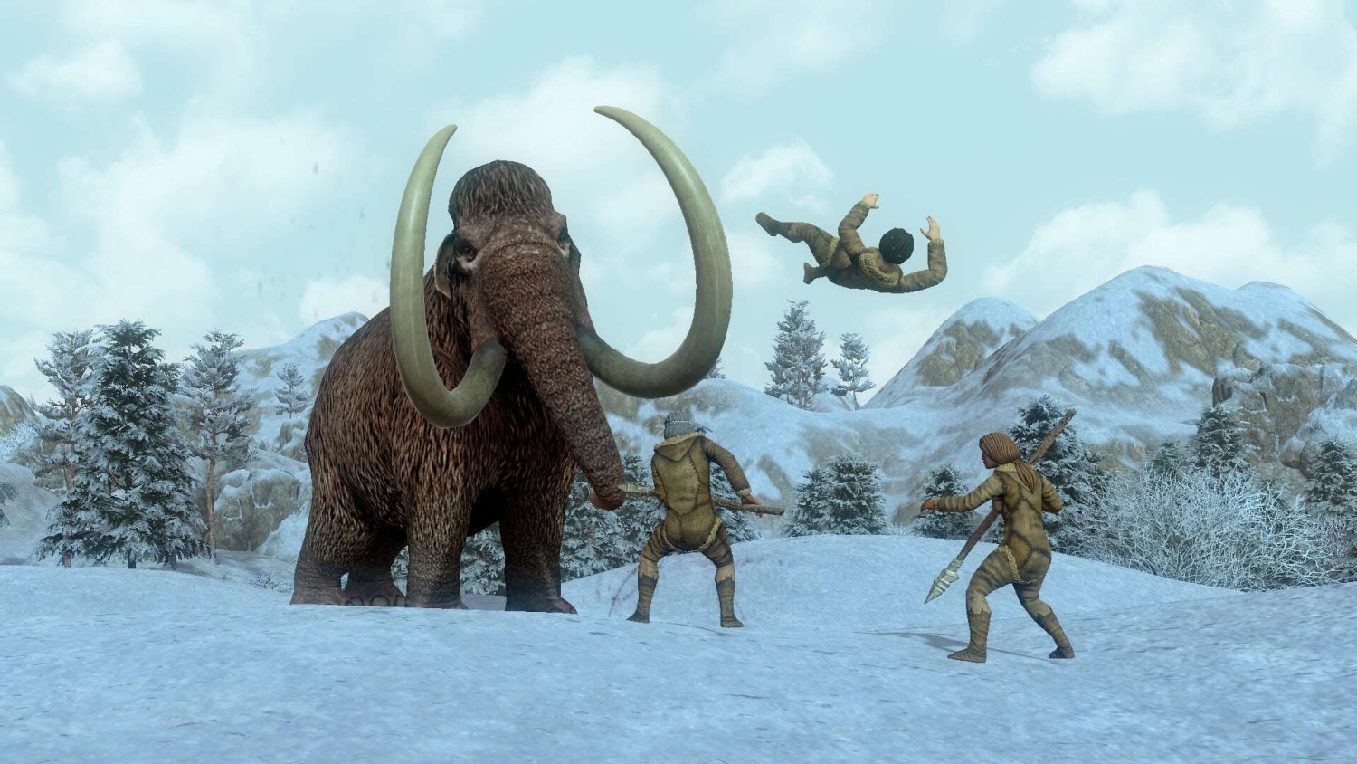 Three prehistoric hunters armed with spears confront a woolly mammoth in a snowy landscape, one hunter is thrown into the air