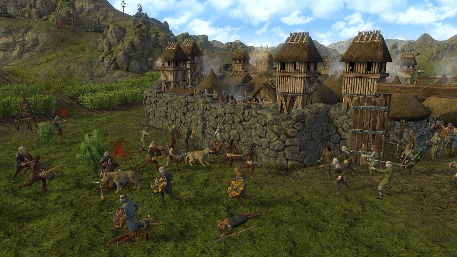 Medieval warriors with shields and swords attacking and defending a stone fortress with wooden watchtowers on a grassy battlefield