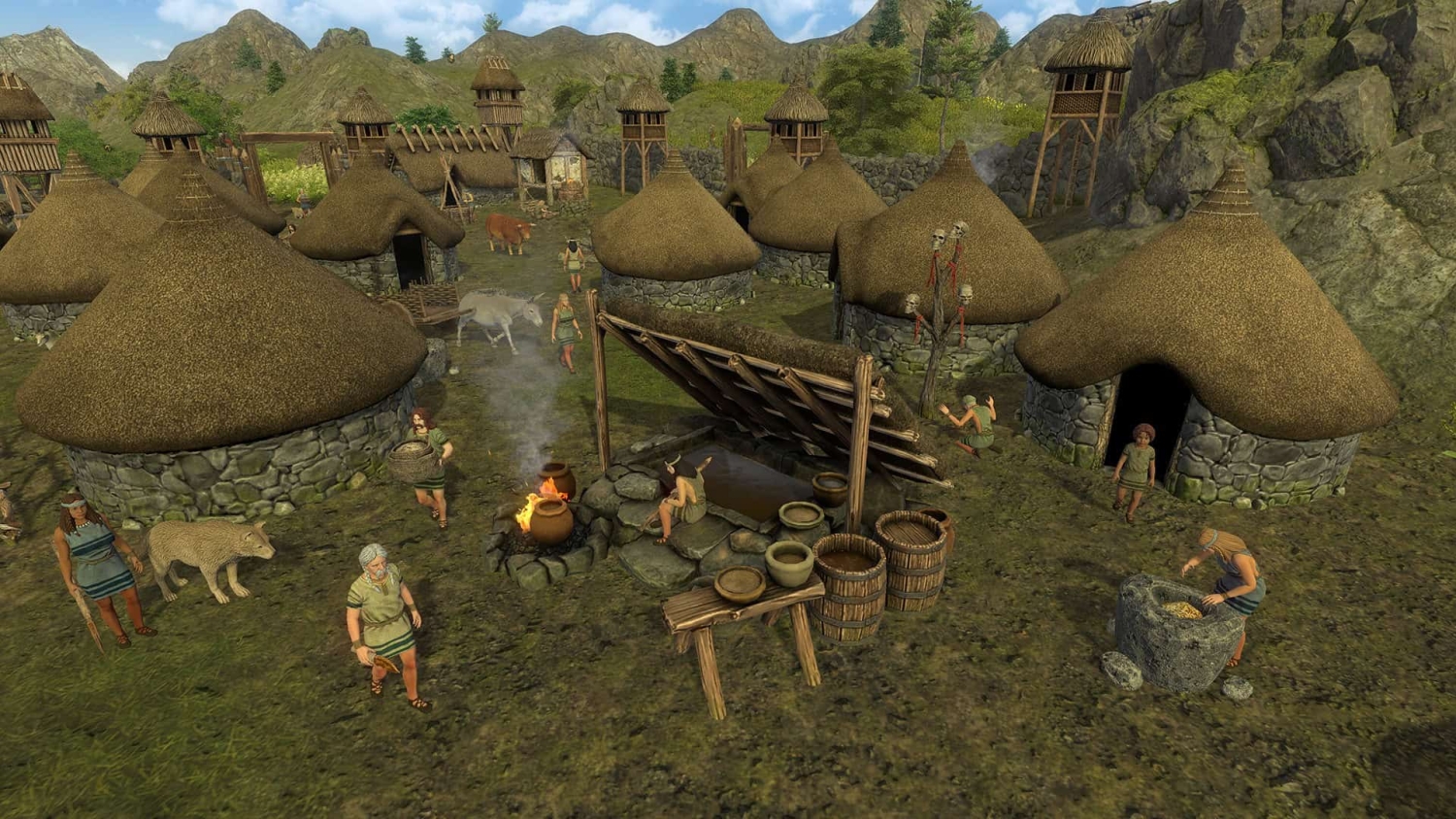 Medieval village scene showing round stone huts with thatched roofs, villagers, smoke from cooking fires, and animals