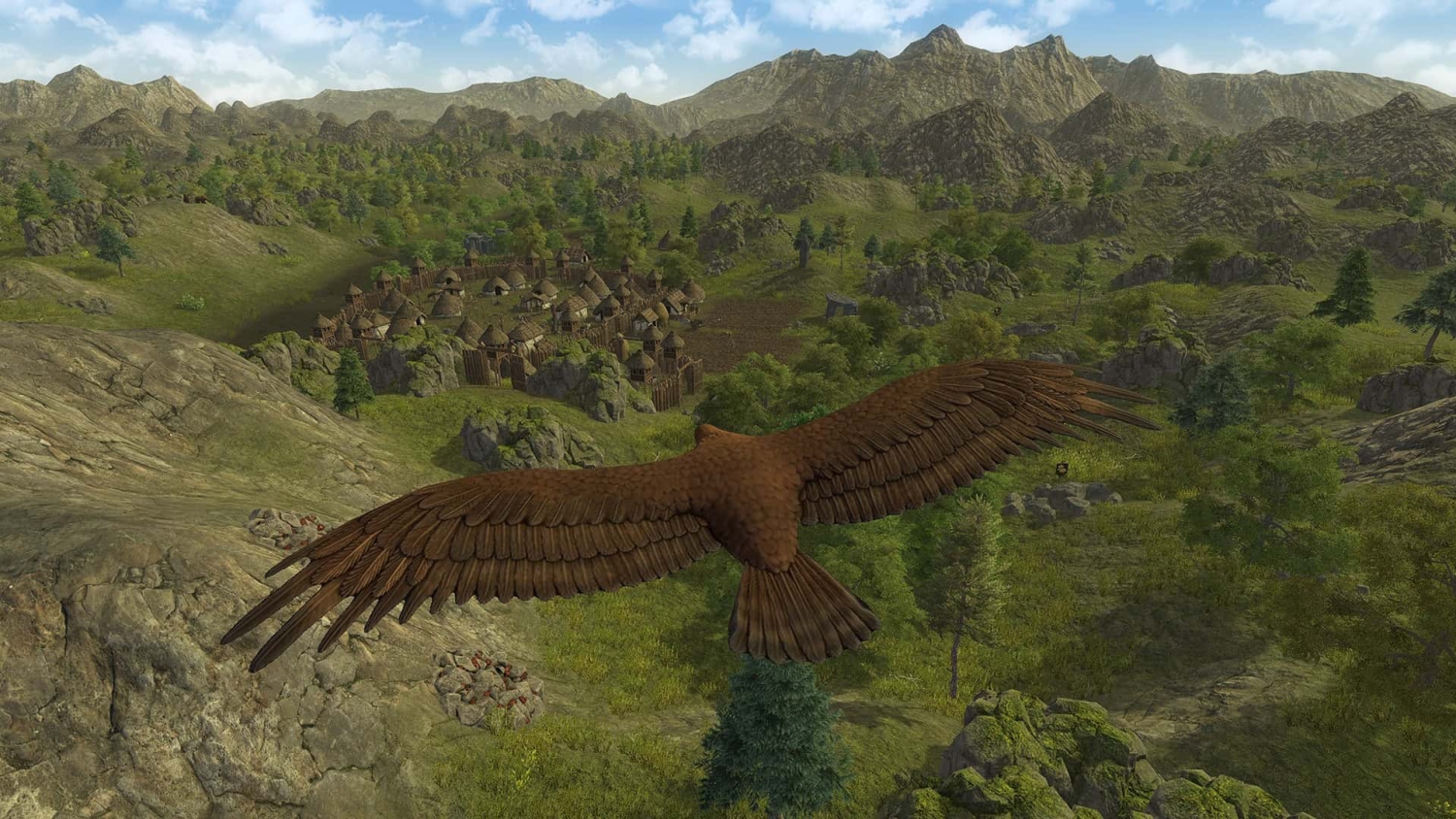 Large bird glides above a prehistoric village set in a green valley with rocky mountains