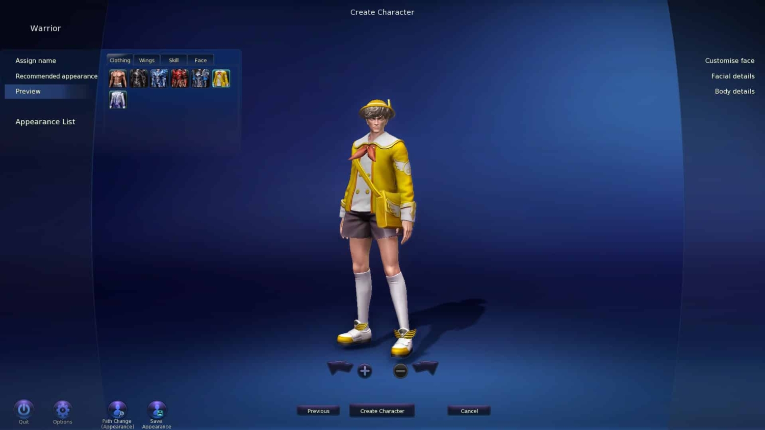 Male warrior character in yellow sailor-style outfit with shorts and matching hat on character creation screen