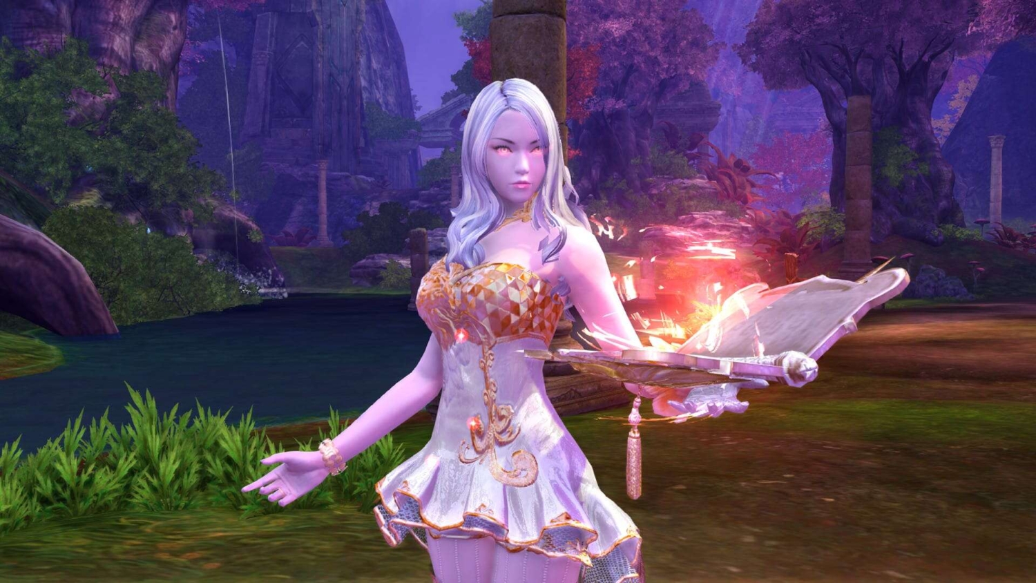 White-haired female character casting a glowing spell with an open book in a mystical forest