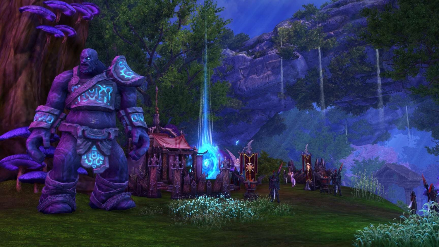 Large purple golem with glowing blue runes standing near tents in a magical forest clearing