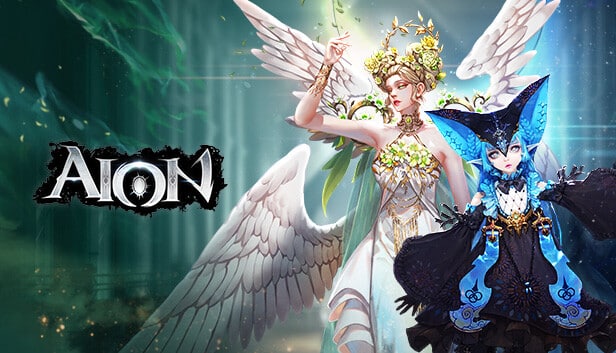Two fantasy characters from Aion, one angelic with white wings and gold crown, the other in dark blue wizard attire