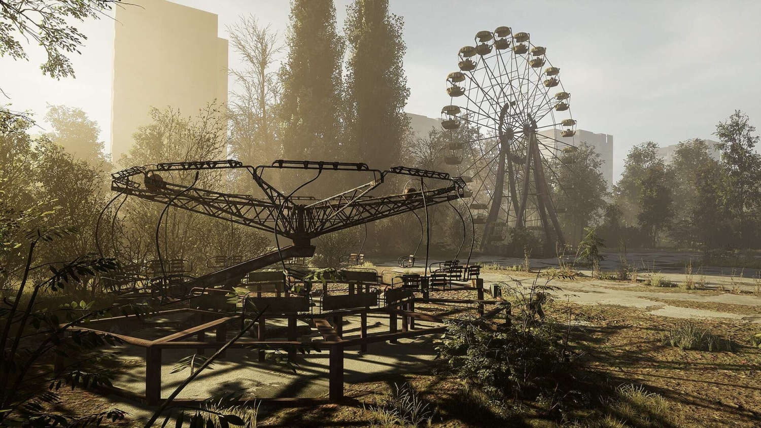 Rusty, overgrown amusement park rides including a carousel and Ferris wheel in a misty setting