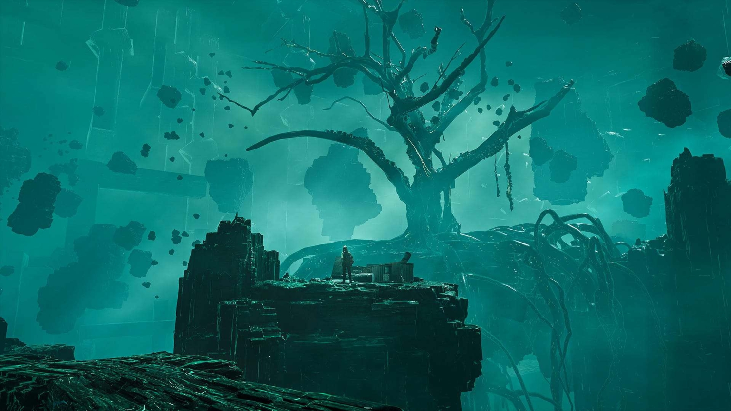 Person stands on rocky platform facing massive twisted tree with floating rocks in eerie teal environment