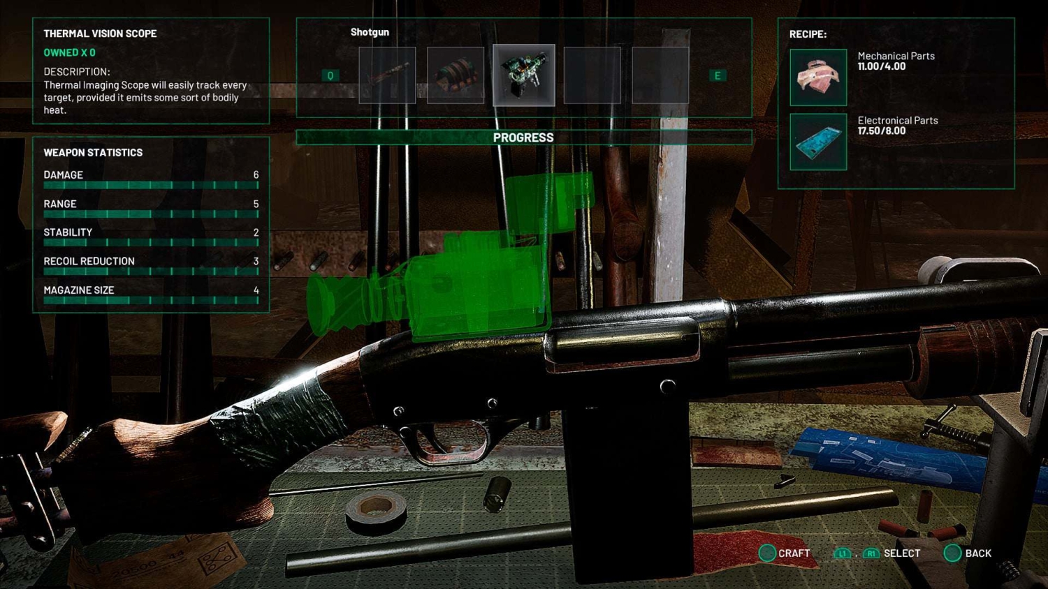 Shotgun displayed with a crafting menu showing parts, weapon stats, and description for thermal vision scope in Chernobylite game