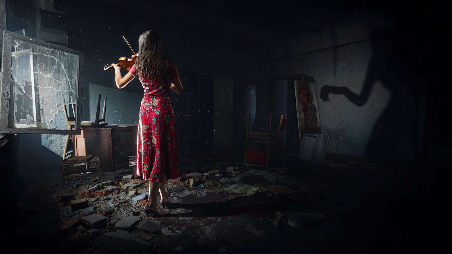 Woman in red floral dress playing violin in a dark, abandoned room with broken furniture and a shadowy figure on the wall