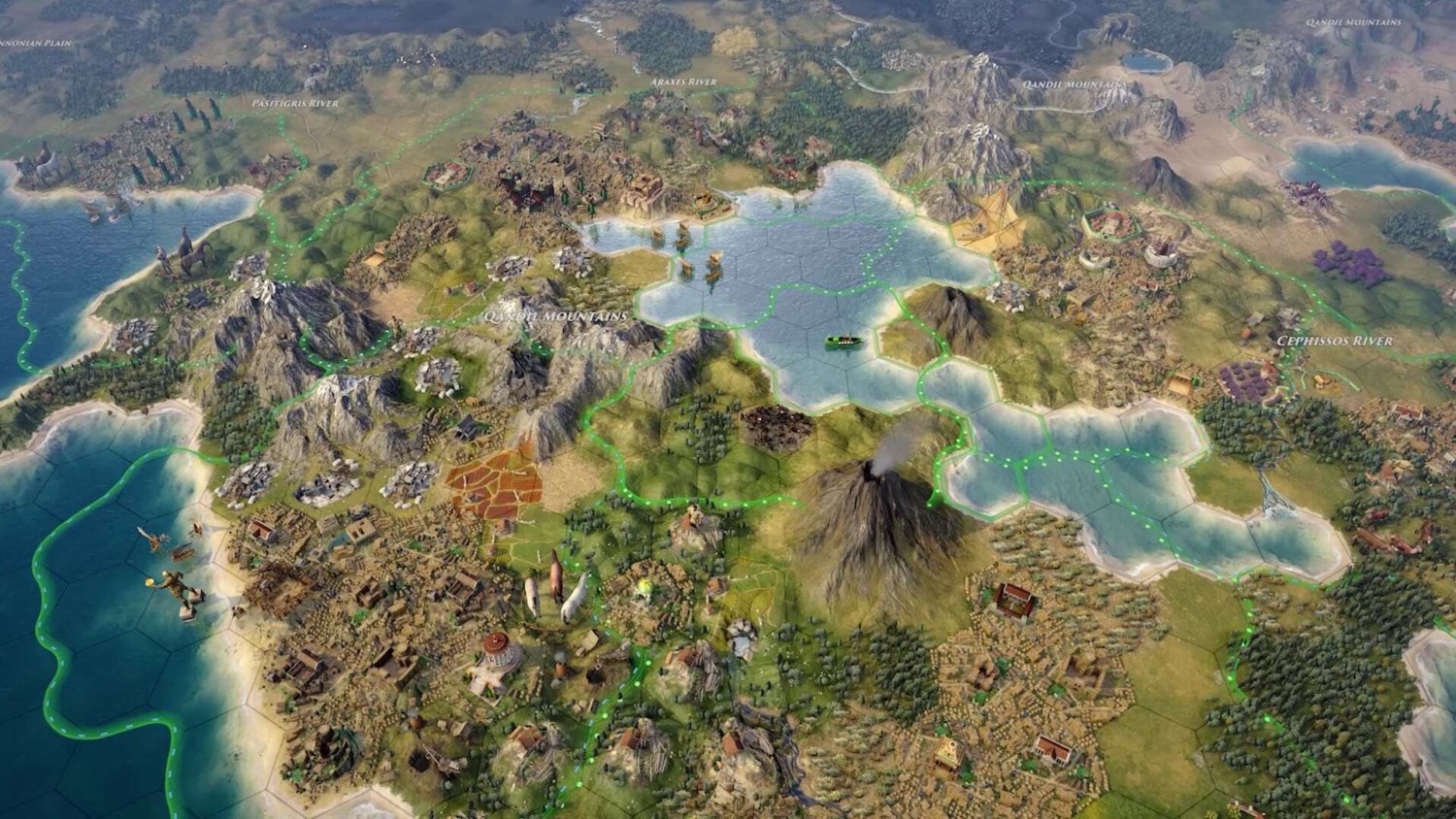 Detailed hexagonal game map showing settlements, mountains, rivers, forests, and ships on coastal water tiles