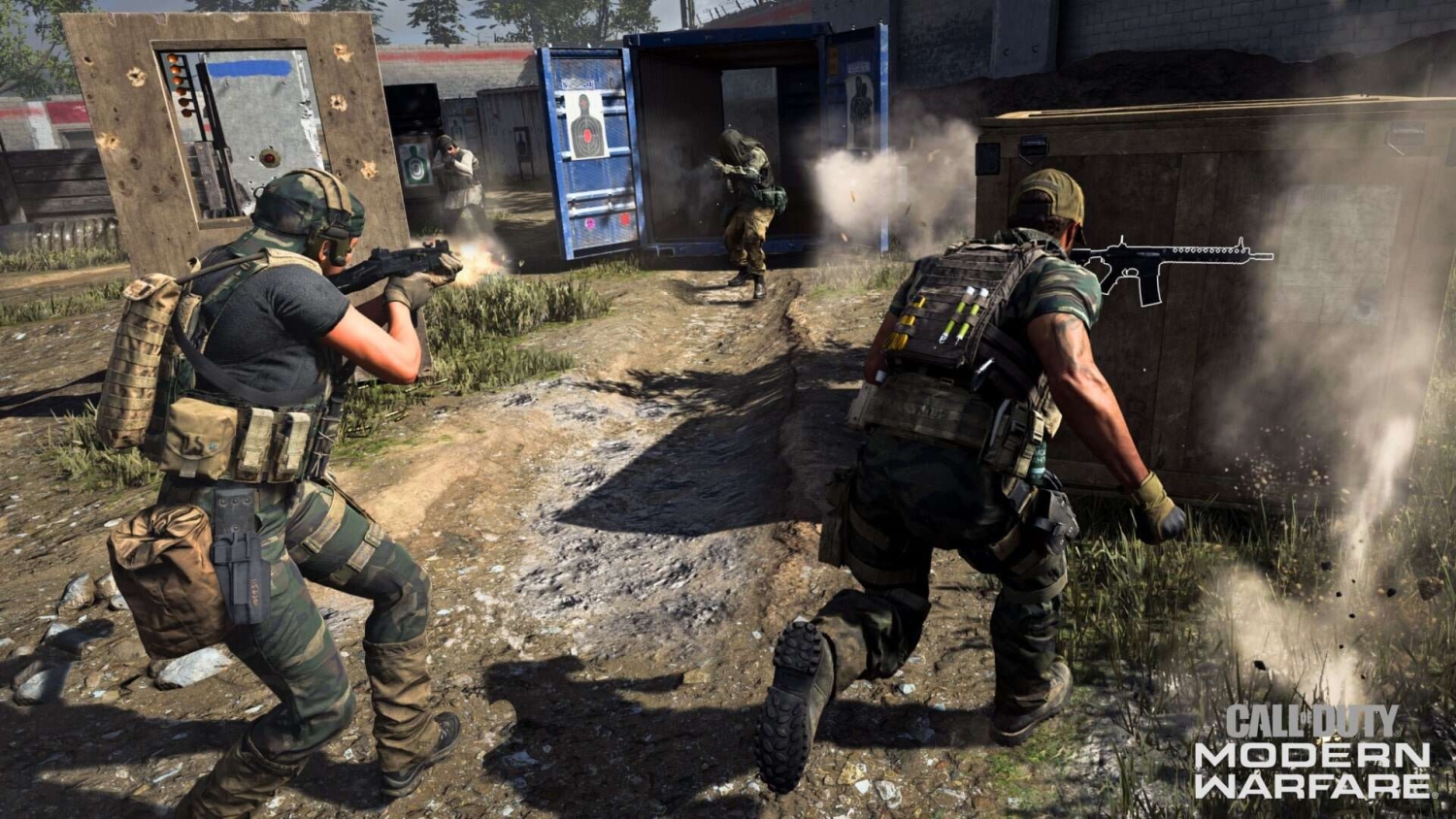 Two soldiers attacking tactically with guns and smoke near shooting targets in a firing range