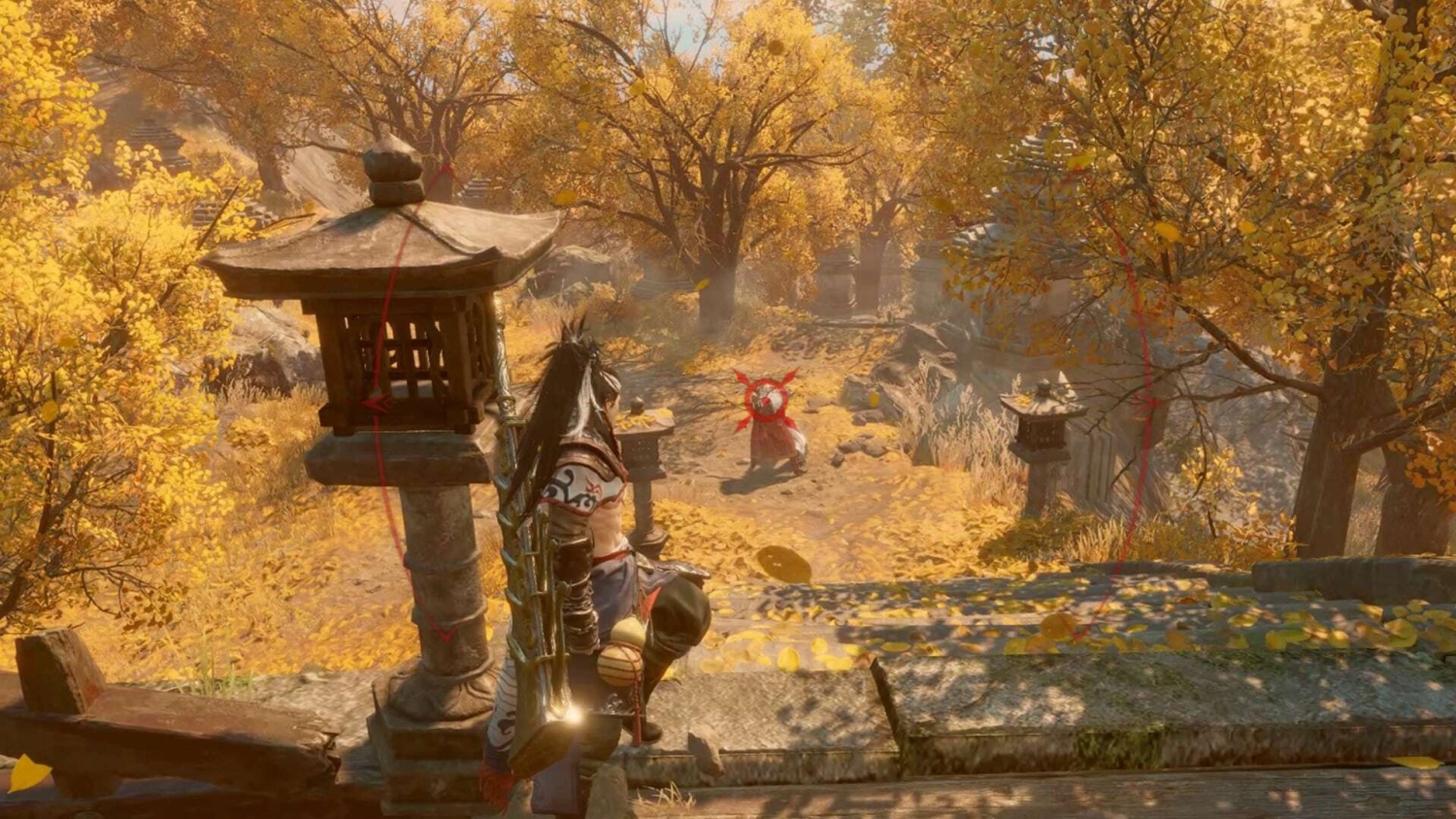 Character crouching with bow aimed at an enemy standing on a leafy forest path in autumn