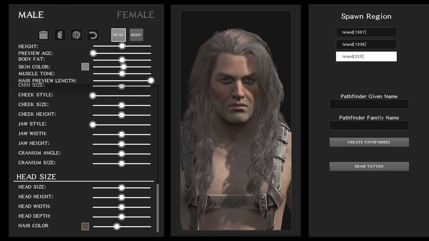 Male character creation screen showing sliders for facial and body features and a detailed character portrait in the centre