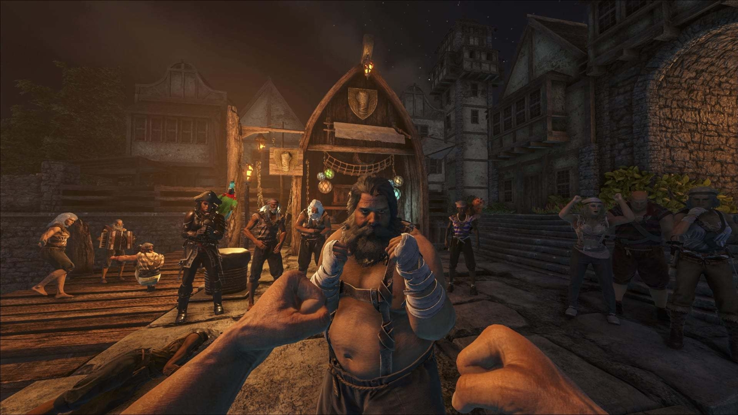 First-person perspective boxing match with a bearded man in a medieval village at night