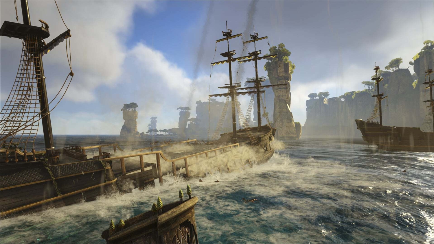 Wooden sailing ship sinking in turbulent water near rocky islets with masts still upright