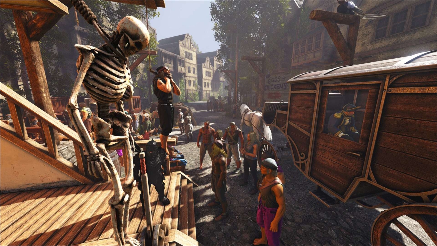 Skeleton hanging from gallows as medieval-style crowd gathers in a stone-paved town square with timber buildings