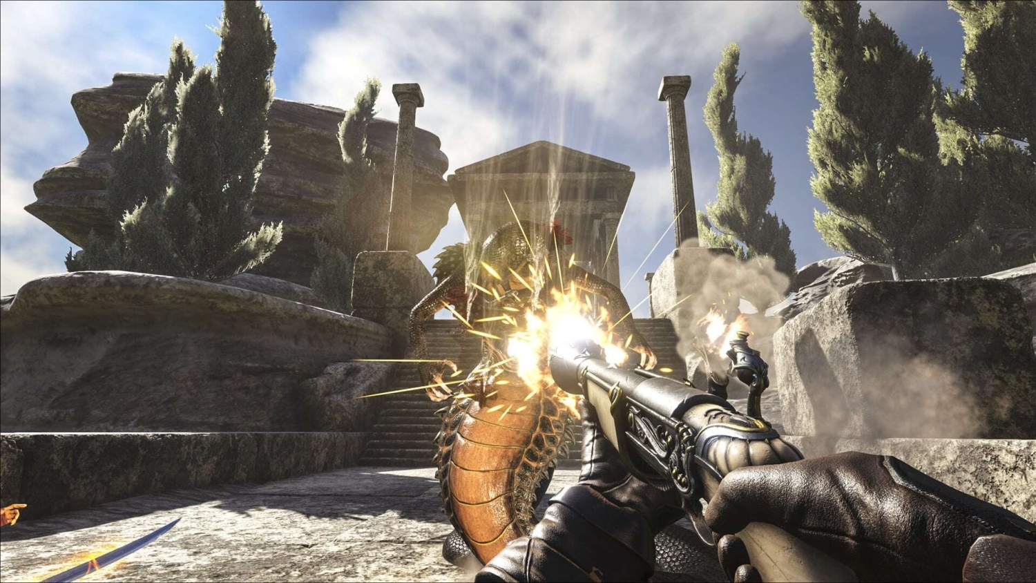 Player fires antique flintlock pistol at large reptilian creature near ancient ruins