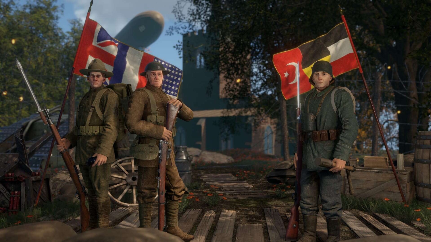 Three soldiers in World War I uniforms holding rifles and standing in a village with historical flags behind them